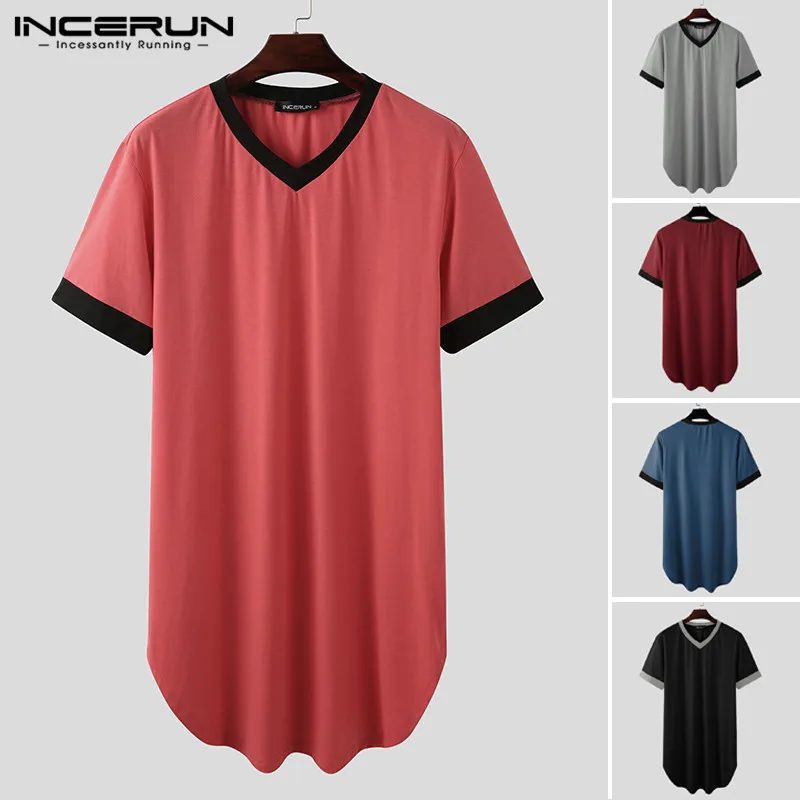 INCERUN Men Sleep Robes Nightgown Short Sleeve V Neck Loose Homewear Comfortable Patchwork Mens Bathrobes Dressing Gown S-5XL