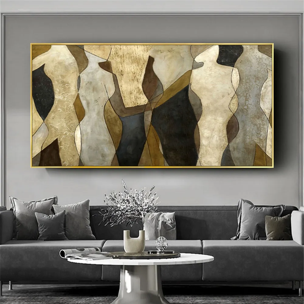 

Hand painted Oil Painting Brown Gold Bronze Wall Art Figure Picture Home Decor Canvas Painting Living Room Modern Large Mural