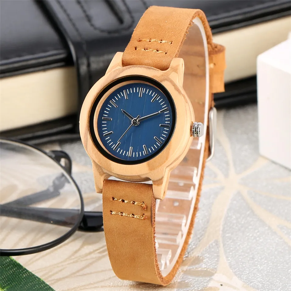 Trendy Minimalist Blue Dial Women Watches Natural Bamboo Wood Case Slim Genuine Leather Wristband Lady Wristwatch Female Watch