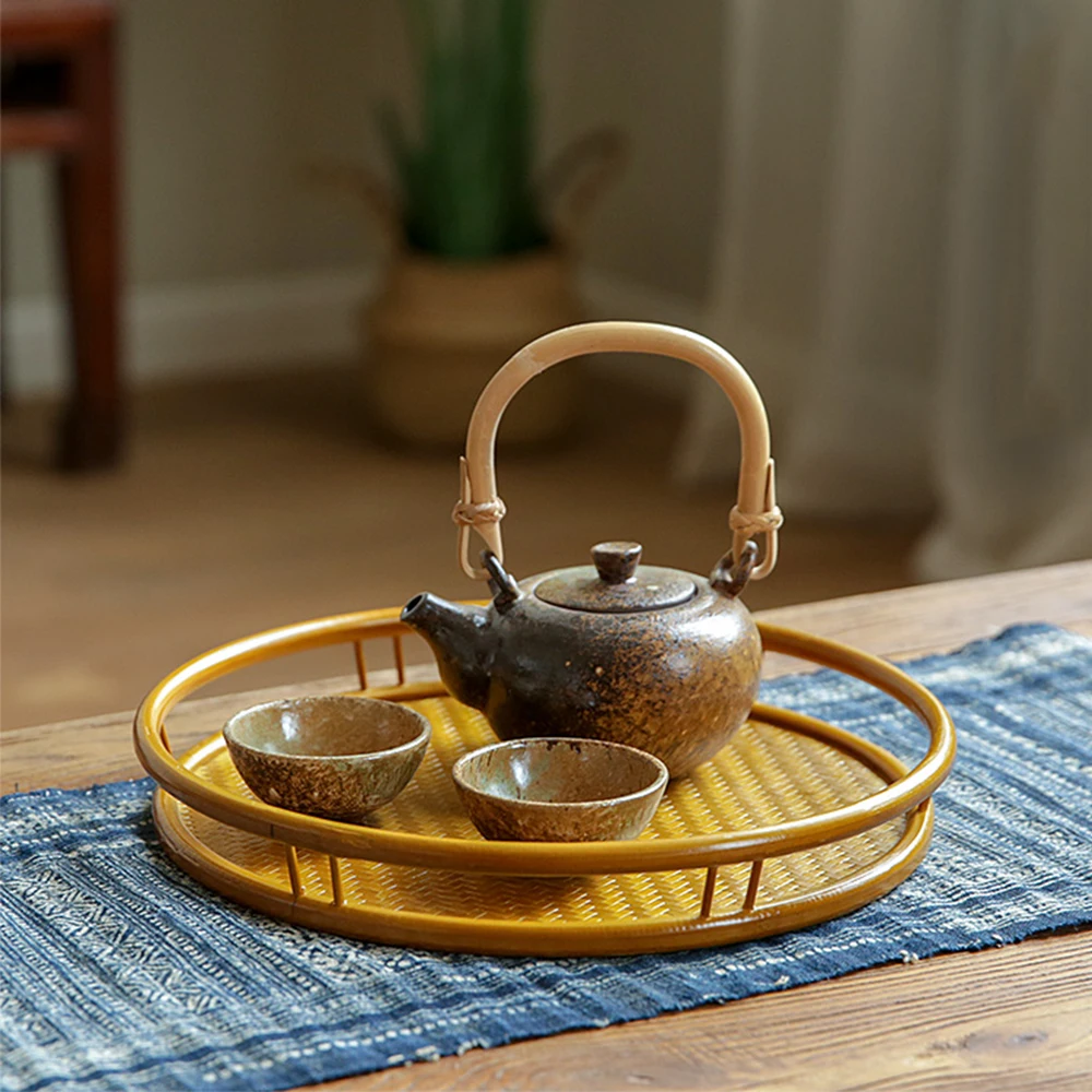 Japanese Style  Delicate Bamboo Weave Tea Tray Round Rectangle Square Natural Material Serving Board For Home Hotel Teahouse