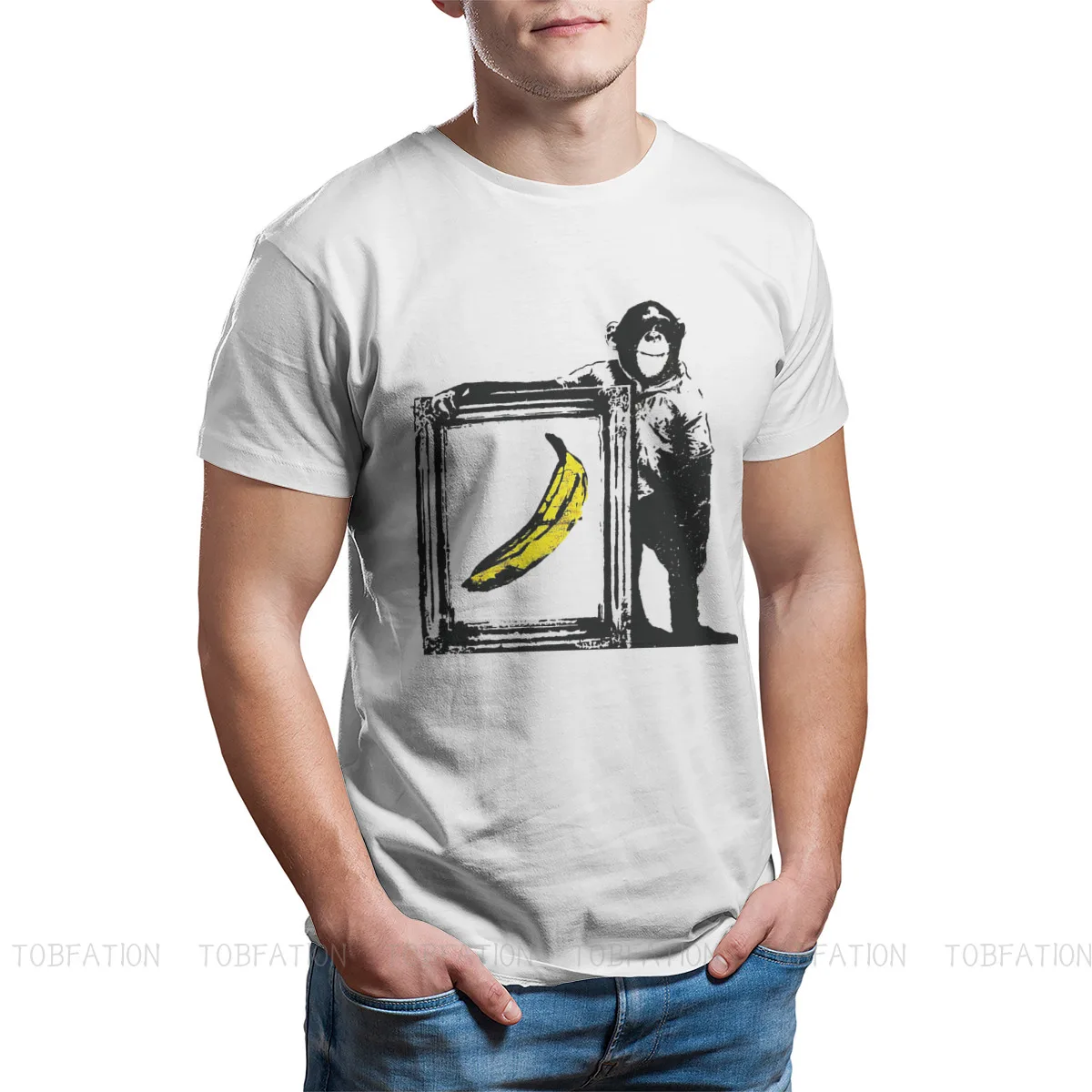 Banksy Graffiti Wall Art Monkey Banana Essential TShirt for Men Graphic Anime Clothes Crewneck Cotton T Shirt 2020