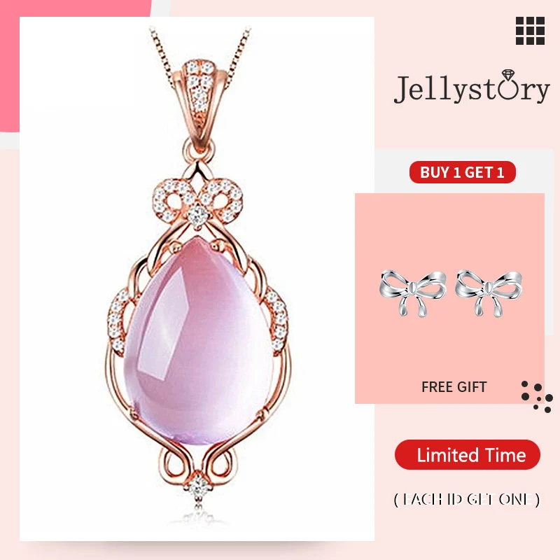 

Jellystory Trendy Silver 925 Jewelry Necklace with Water drop shape Pink rose quartz zircon gemstones Pendant for Women Wedding