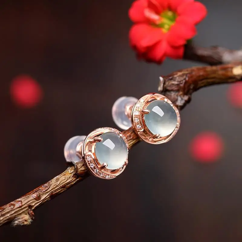 Natural ice seed chalcedony egg noodle earrings retro light luxury rose gold diamond aristocratic charm women's silver jewelry