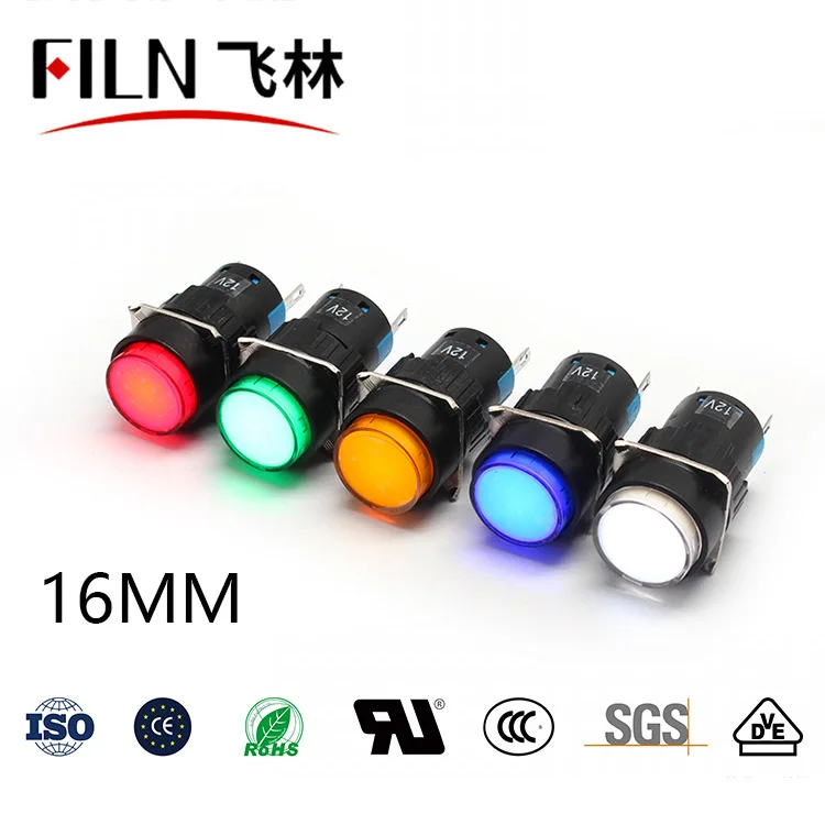 

FILN Plastic CE approved various color led indicator light 16mm Mounting Size 12v 24v 110v 220v pilot lamp with pins