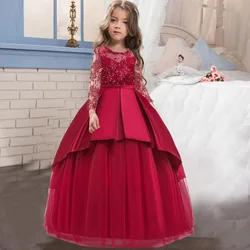 Long Sleeve Teenager Bridesmaid Evening Dress For Girls Princess Kids Children Clothing Flower Party Wedding Dress 10 12 Years