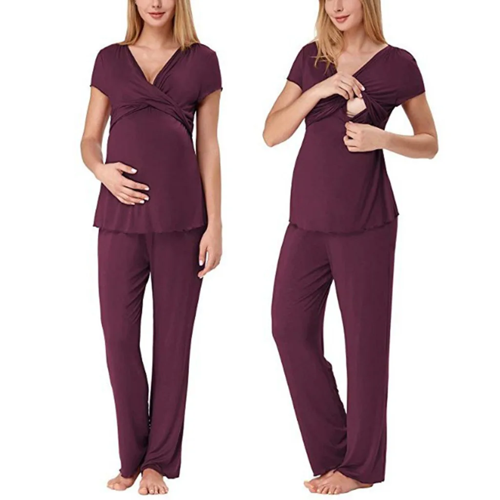 Pregnant Nursing Pajamas Set Summer Womens Top Pants Sleepwear Casual T-shirt Breastfeeding Maternity Pregnancy Clothes sets