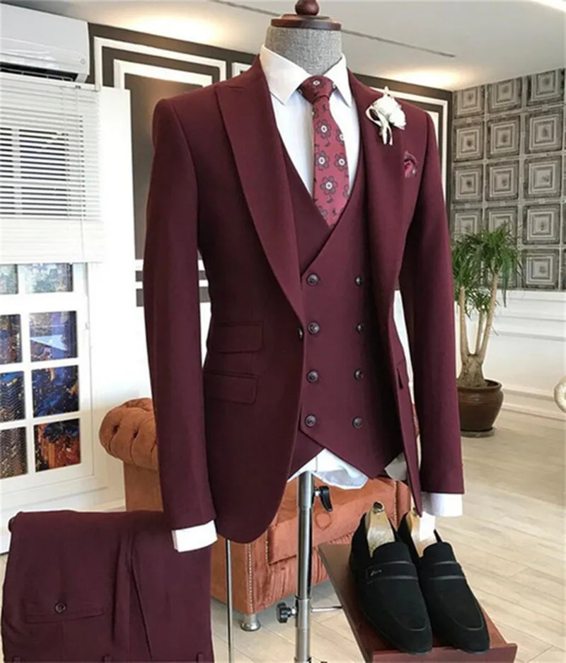 

2021 Burgundy Double Breasted Vest Costume Homme Slim Fit Men Suits For Wedding Groom Prom Tuxedo Best Man Blazer Masculino