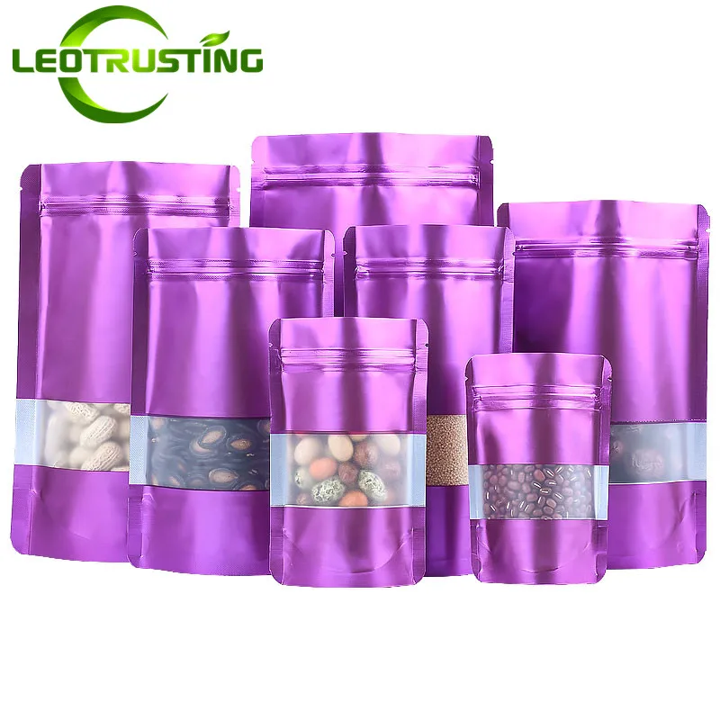 

100PCS Stand Up Matte Purple Aluminum Foil Window Ziplock Pouches DIY Wedding Sugar Candy Snack Beaf Dates Tea Packaging Bag