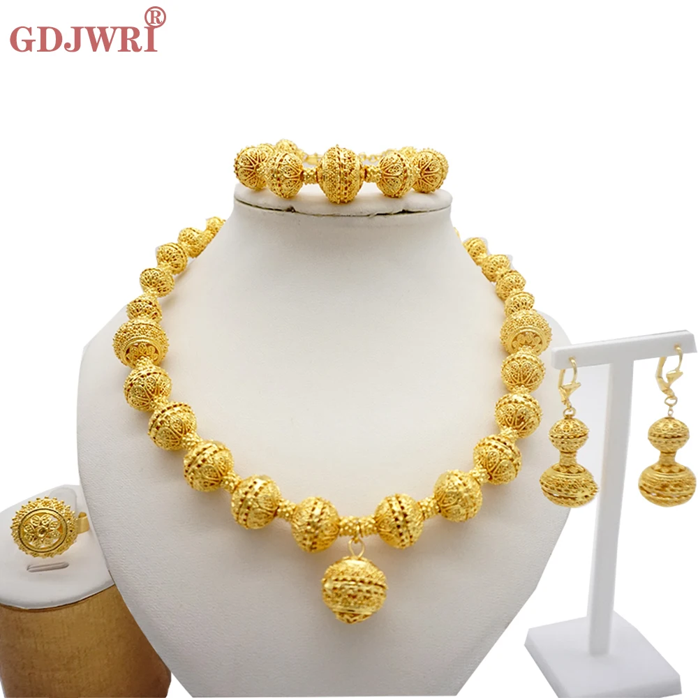 Necklace Sets For Women Dubai African Gold Color Jewelry Set Bride Earrings Rings Indian Nigerian Wedding Jewelery Set Gift