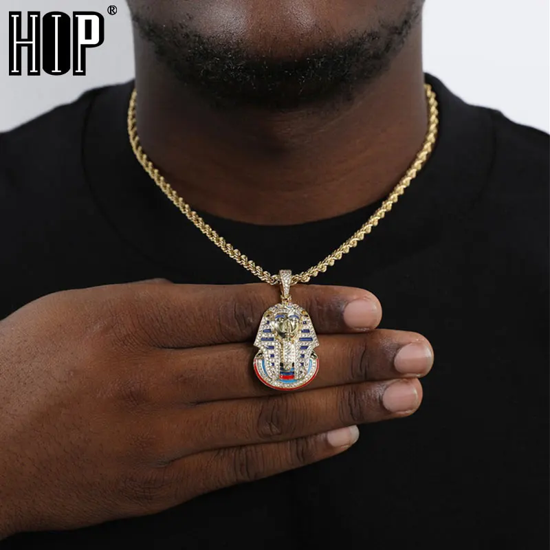 Hip Hop Iced Out Bling Cubic Zirconia Egyptian Pharaoh Necklaces & Pendants For Men Rapper Jewelry With Solid Back