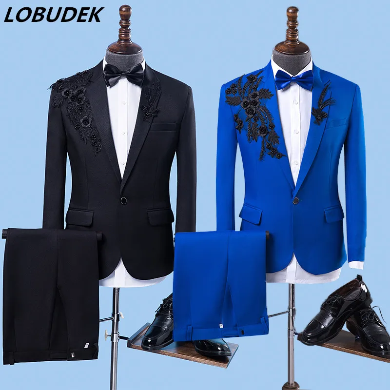 

Men's Wedding Suits Groom Banquet Chorus Tuxedo Suit Performance Costume Black Blue Applique Blazers Pants Slim Set 2 Pieces