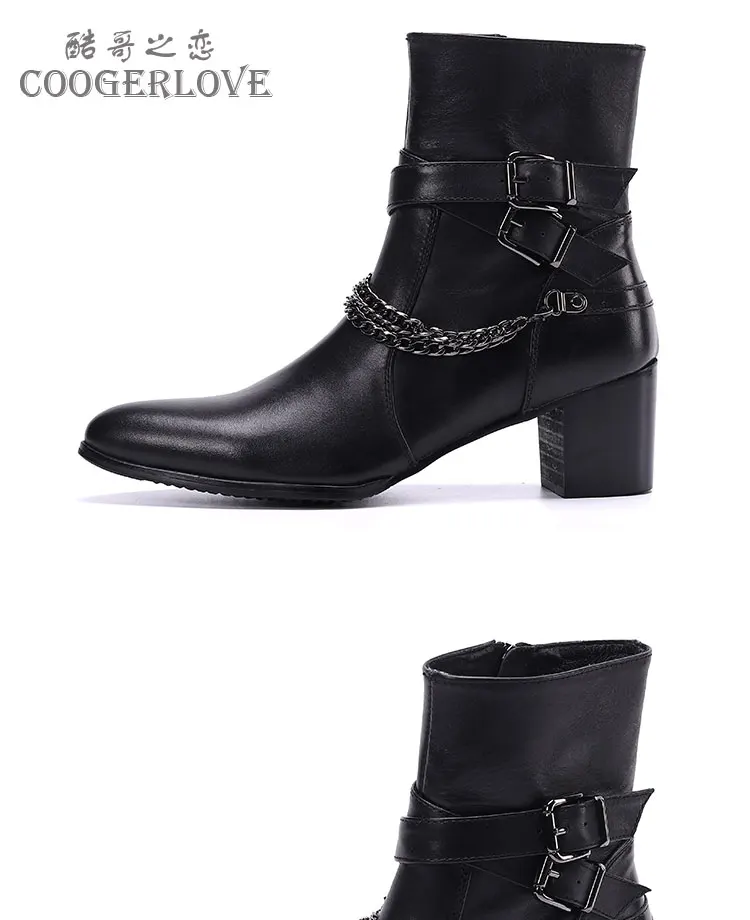 Herbst und Winter spitze High Heels Herren stiefel binden eine Kette Niet Gürtels chnalle dicken Absatz echtes Leder dicke Stöckels tiefel – Detail 1