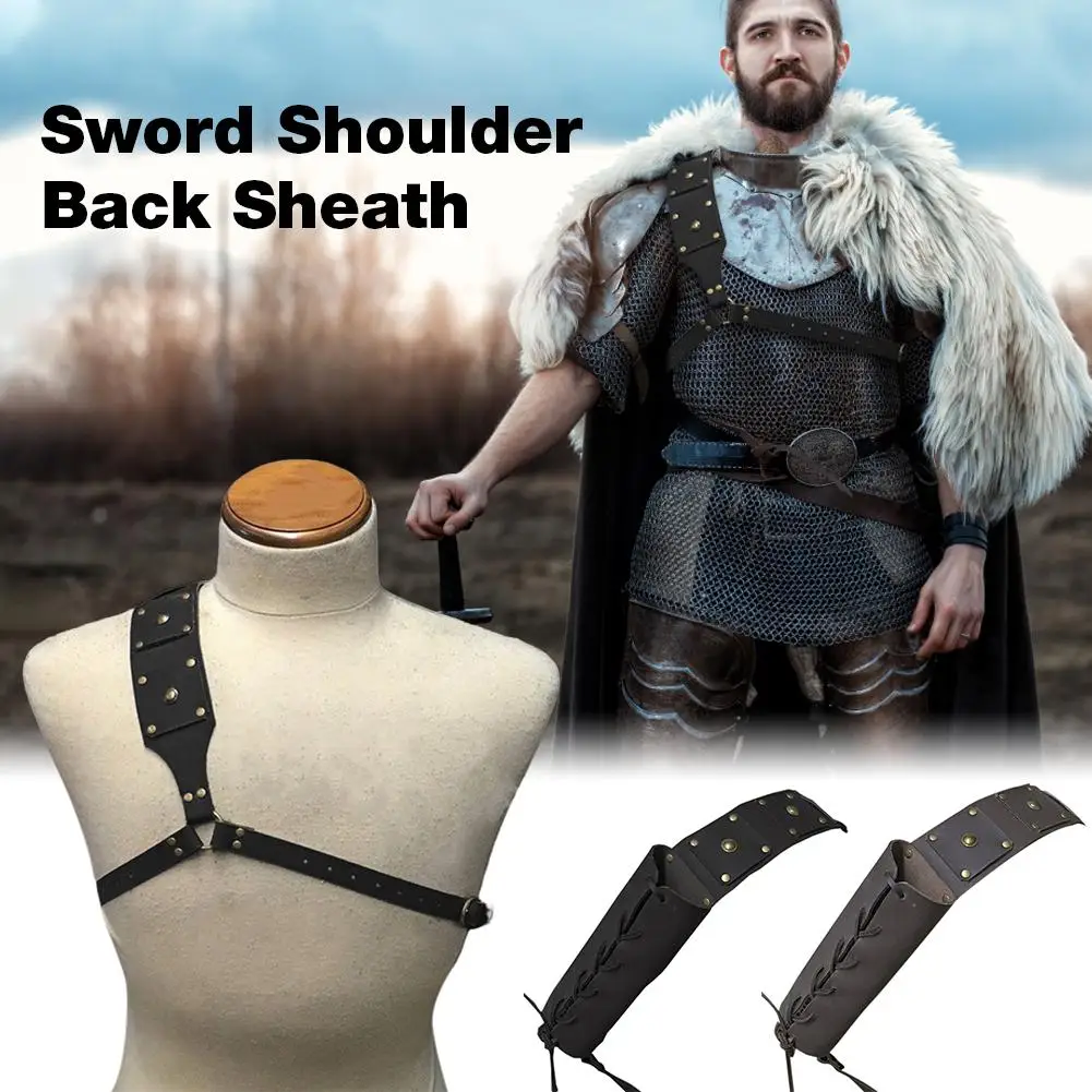 Medieval Retro Sword Shoulder Back Sheath Frog Holder for Adult Men Warrior Costume Rapier Leather Buckle Holster