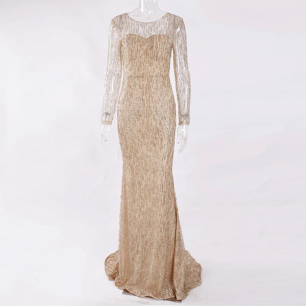 Full Sleeved Gold Glittered Maxi Dress Evening Party Shiny Hollow Out Backless Floor Length Dress