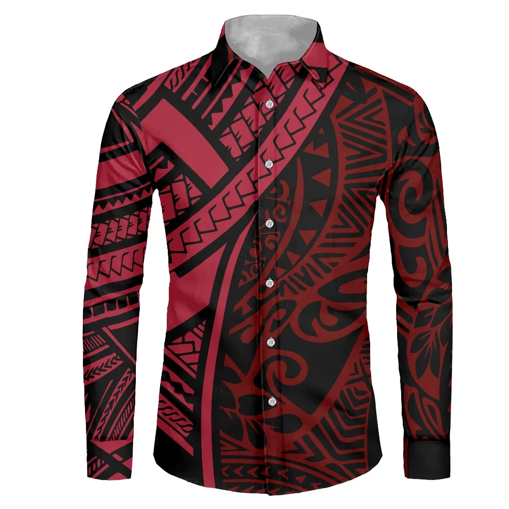 HYCOOL Wholesale Men Shirts Casual Red/Black Long Sleeve Mens Shirts Polynesian Tribal Tattoo Print Button Up Shirt Men Clothing