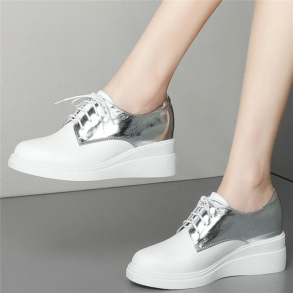 Lace Up Casual Shoes Women Genuine Leather Wedges High Heel Ankle Boots Female Round Toe Platform Fashion Sneakers Oxfords Shoes