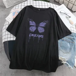 Gothic y2k Aesthetic Loose Ladies T-shirt Purple Butterfly Print Korean Style Ladies Tops T-shirt Harajuku punk clothes tshirt