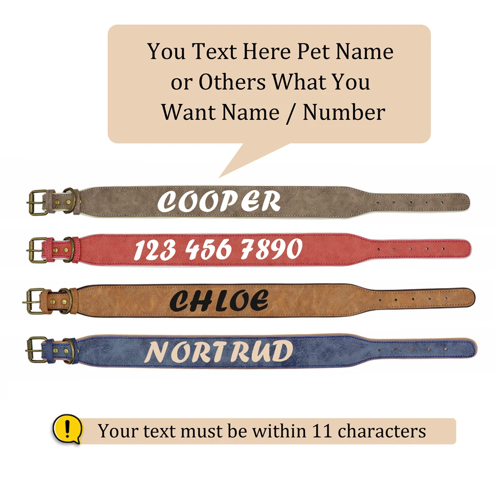 Personalized Dog Collar Wide Leather Pet Collar Customized Dogs Name Phone No Collars for Medium Large Dogs