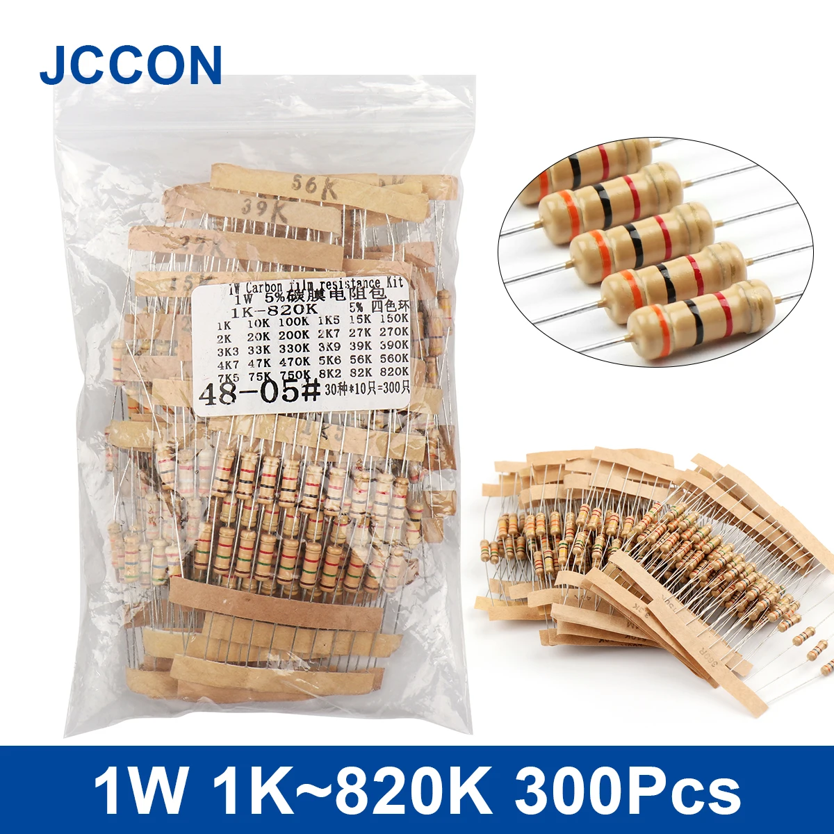 300Pcs 1W 1K~820K Carbon Film Resistor Assorted Kit 30Values x 10Pcs=300Pcs Sample Kit Color Ring Resistance