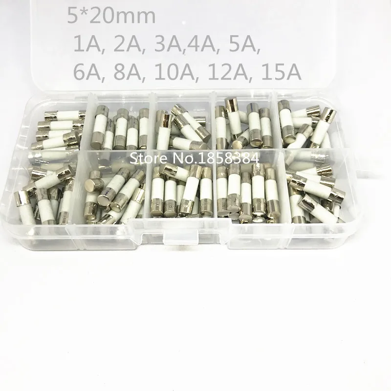 100pcs Ceramic Fuse kit 5mm x 20mm Fast melting T 1A 2A 3A 4A 5A 6A 8A 10A 12A 15A 250V with box