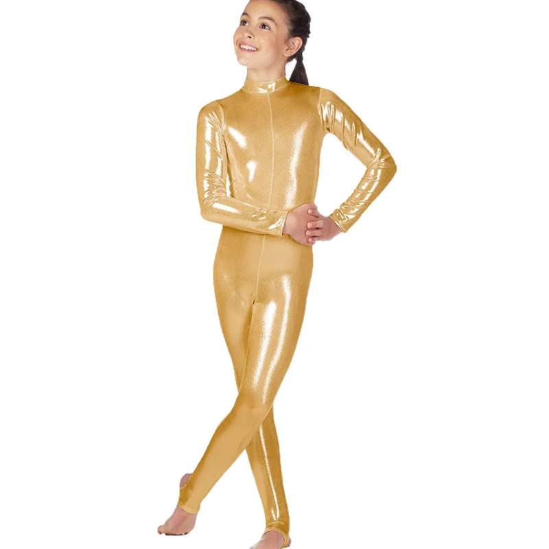 Детский блестящий металлический спандекс с длинными рукавами и высоким воротом, танцевальный костюм, боди со стременами, комбинезоны для гимнастики, купальник