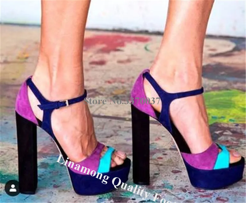 Linamong Elegant Peep Toe Patchwrok Stiletto Heel High Platform Sandals Mixed-colors Chunky Heel Sandals Formal Dress Heels