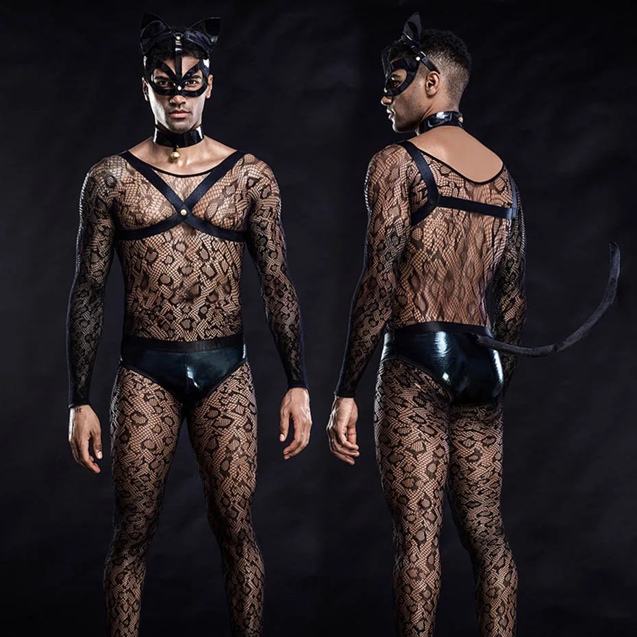 JSY Porno Men's Bodysuit Underwear Sexy Lingerie Set Katze Uniform Cosplay Erotic Fishnet Latex Catsuit Sex Role Play Outfits