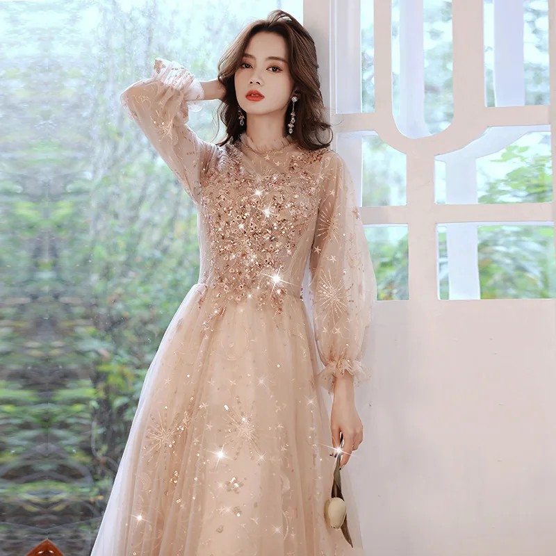 Sequins ชุดราตรีใหม่ Illusion แชมเปญแขนยาว Tulle จัดเลี้ยงคริสตัลอย่างเป็นทางการเสื้อคลุม De Soirée