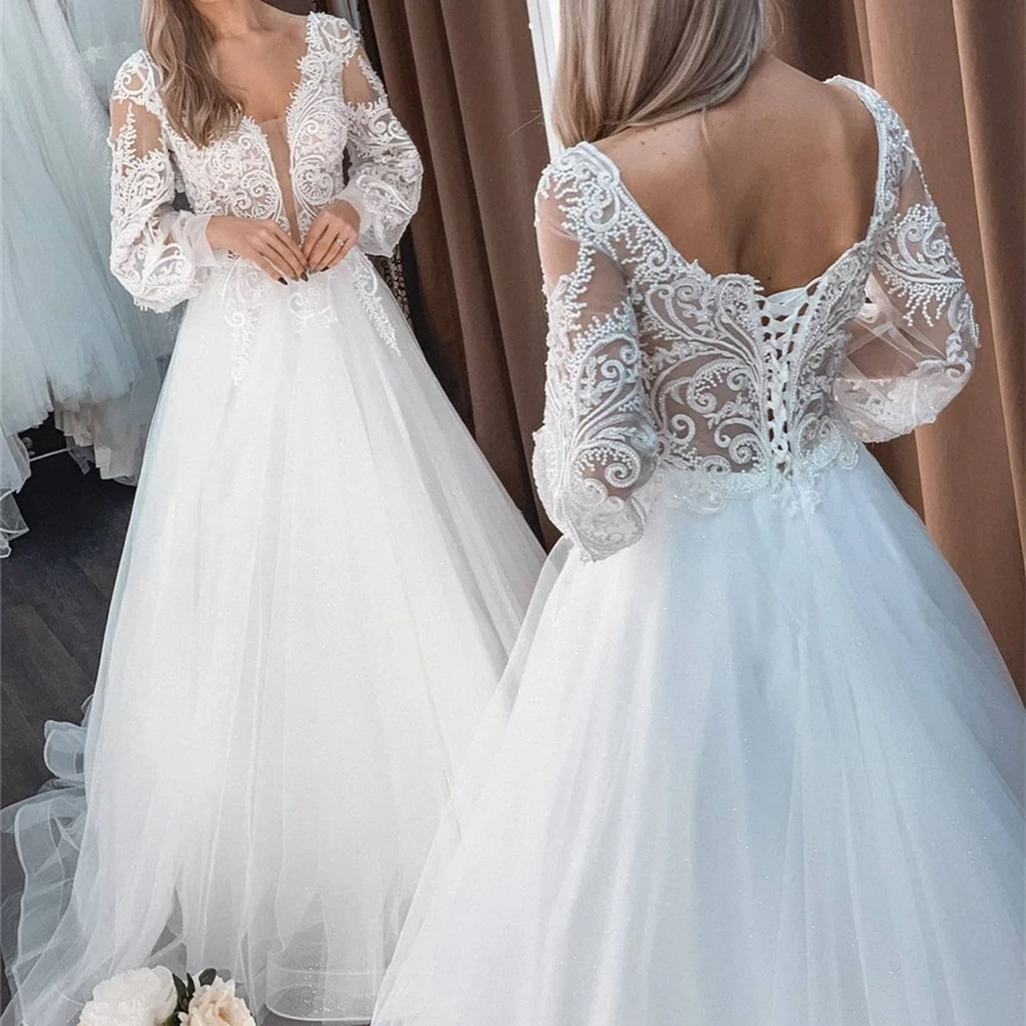 Elegante Brautkleider A-Linie V-Ausschnitt Langarm rücken freie Spitze Applikationen Tüll Sweep Zug Brautkleid Vestidos de Noiva