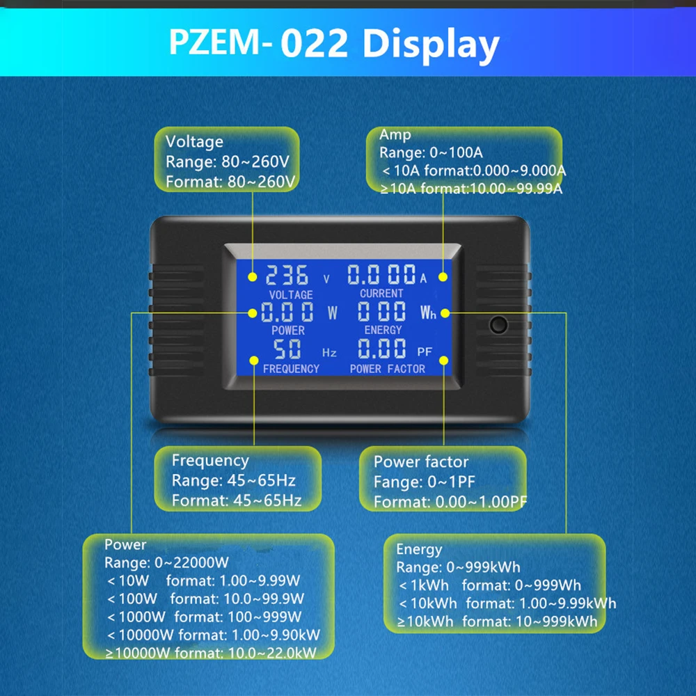 6 in 1 AC 80V-260V 5A 10A 100A Digital Voltmeter Ammeter Voltage Current Tester Power Energy Frequency Power Factor Meter