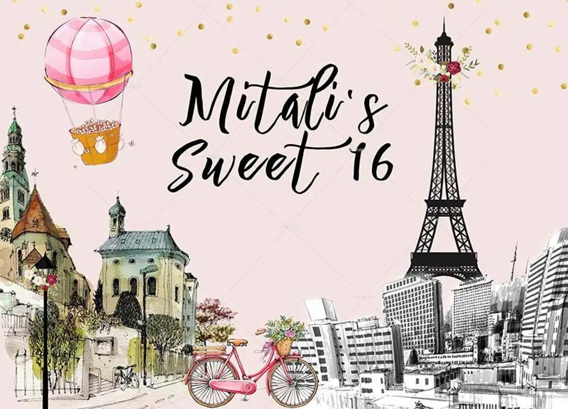 Eiffel Tower Sweet 16th Birthday Photo Backdrop Bridal Shower Hot Air Balloon Photography Background Retro Town Paris Street