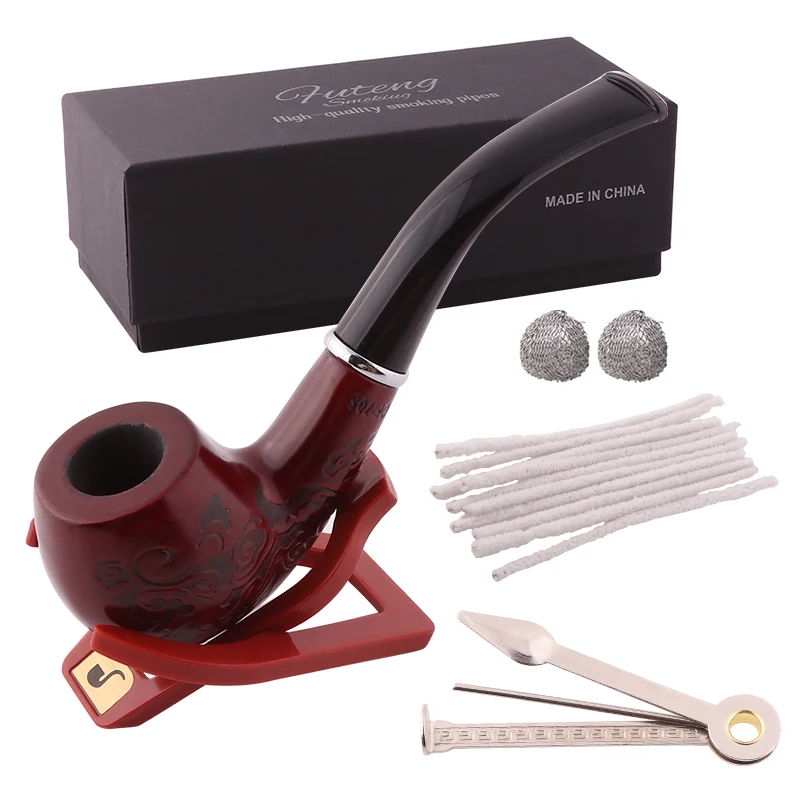 Soild Wood Carving Tobacco Smoke Pipe Set Cigar Herb  Smoke Pipe Resin Mouthpieces Holder Gift Box Smoking Accessories