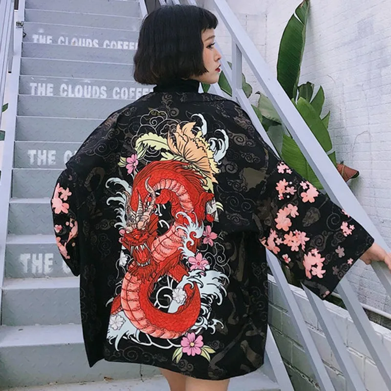 Bella Philosophy Japan style Japanese batwing sleeve kimono print vintage Harajuku Style Blouse Waves and Wind Dragon Shirts