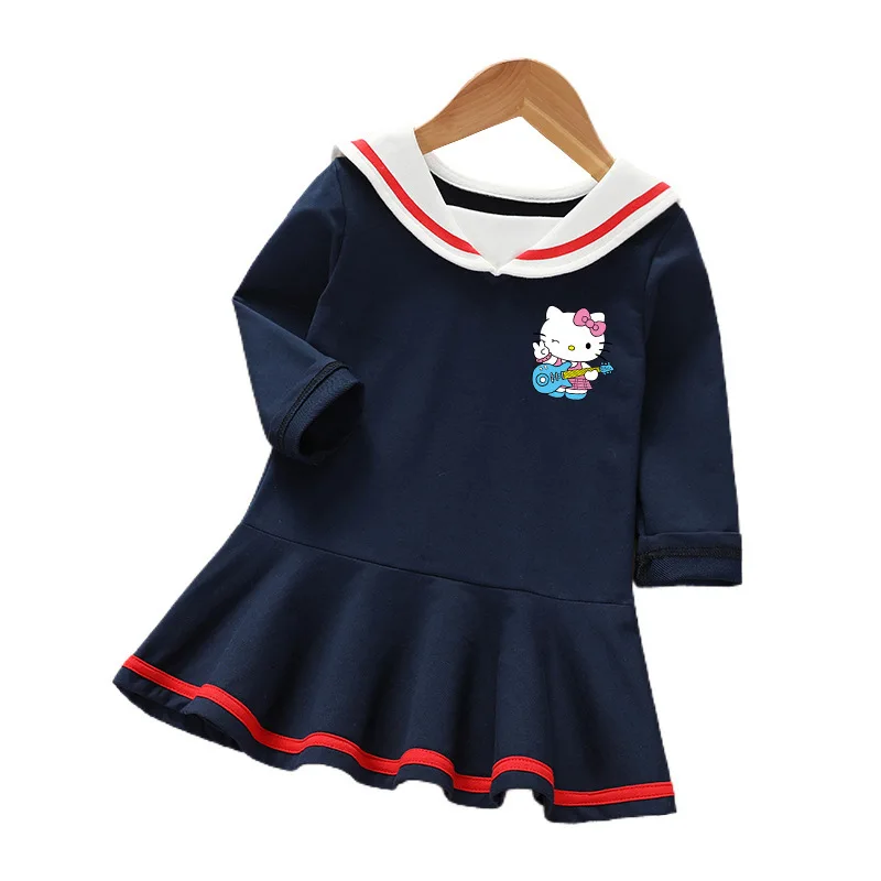 Hello Kitty New Children\'s Clothing Spring and Autumn Girl Cotton Long-sleeved Ruffle dress baby cute College Style girls skirt