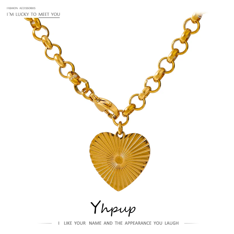 Yhpup Romantic Heart Rose Flower Pendant Necklace Statement Stainless Steel Trendy Necklace 18 K Metal Collar ожерелье Gift