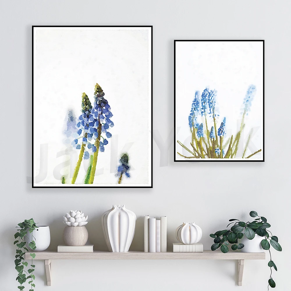 Blue Hyacinth Flower Watercolor Wall Art Printable , Botanical Print, Floral Artwork, Blue and White Modern Abstract Art