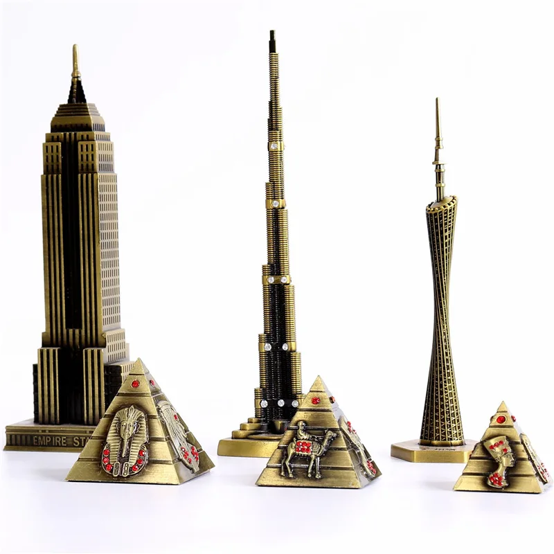 Metal World Famous Building Model Craft Bar Cafe Decoration Pyramid Empire State Building Burj Khalifa Tower Canton Tower YWWX30