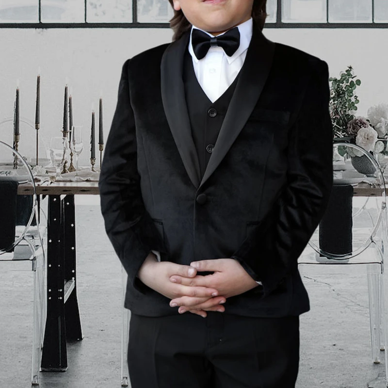 

2021 Autumn Winter Tailor-made Velvet Black Formal Handsome Boys Suit Children Party Host Wedding Costume Kids Blazer Vest Pants
