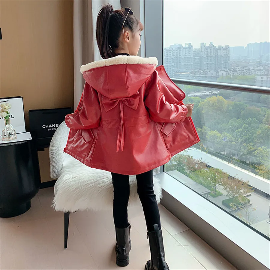 Winter Girls Leather Windbreaker Fleece Thicken Mid-length Children\'s Outerwear Fashion Warm New Year PU Trench Coat for Kids