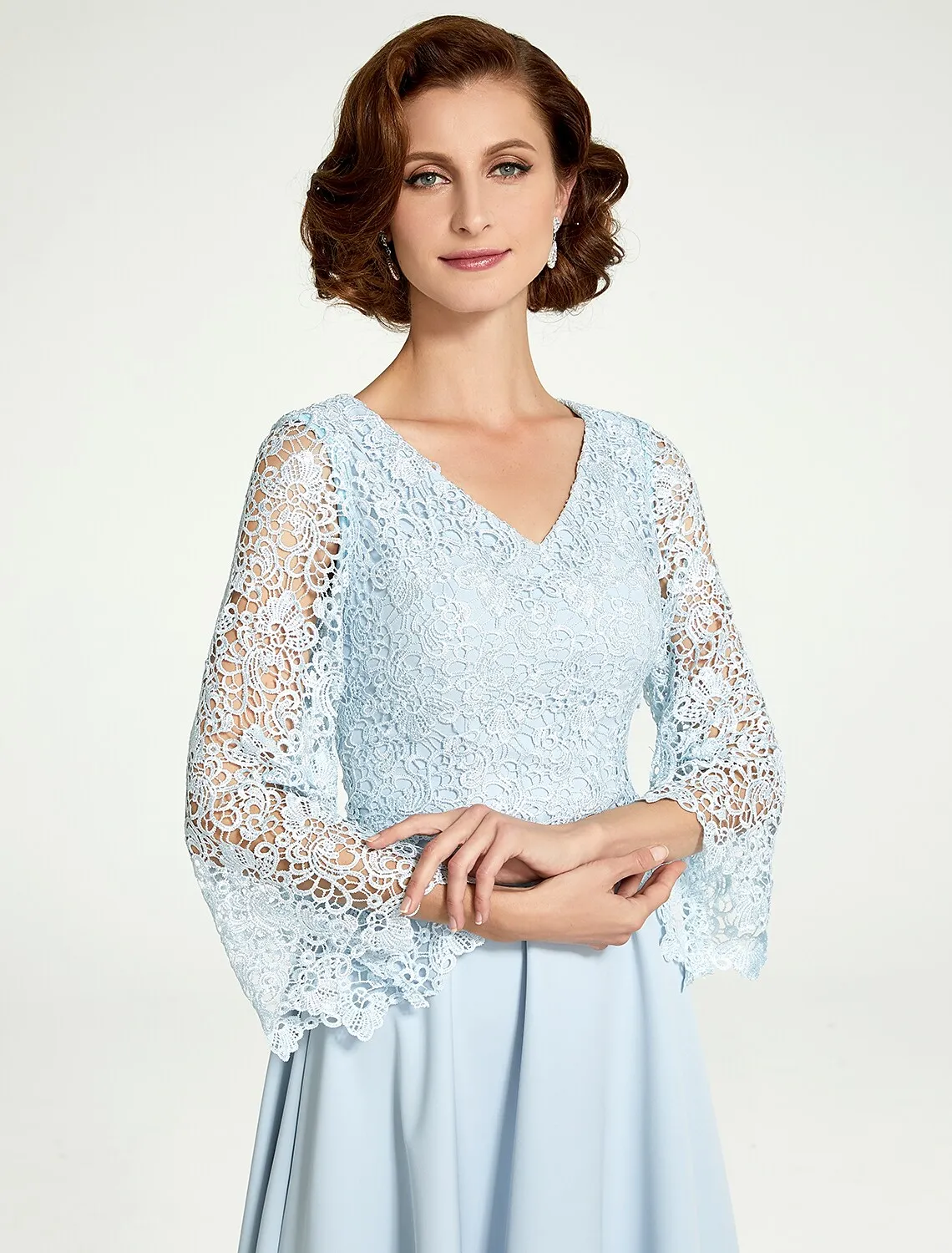 2022 elegante abito per la madre della sposa blu cielo vedere attraverso scollo a V lunghezza al ginocchio abito da ballo in pizzo Chiffon Robe De Soriee