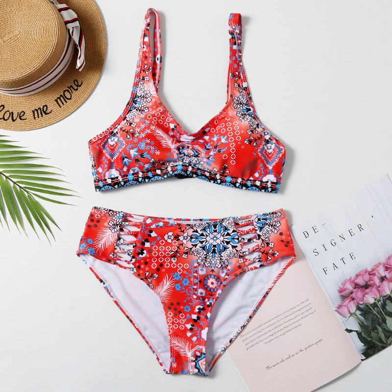 Bikinis sexys para mujer, traje de baño de dos piezas con estampado en blanco y negro, traje de baño bohemio con cuello Halter, ropa de baño para mujer 2020