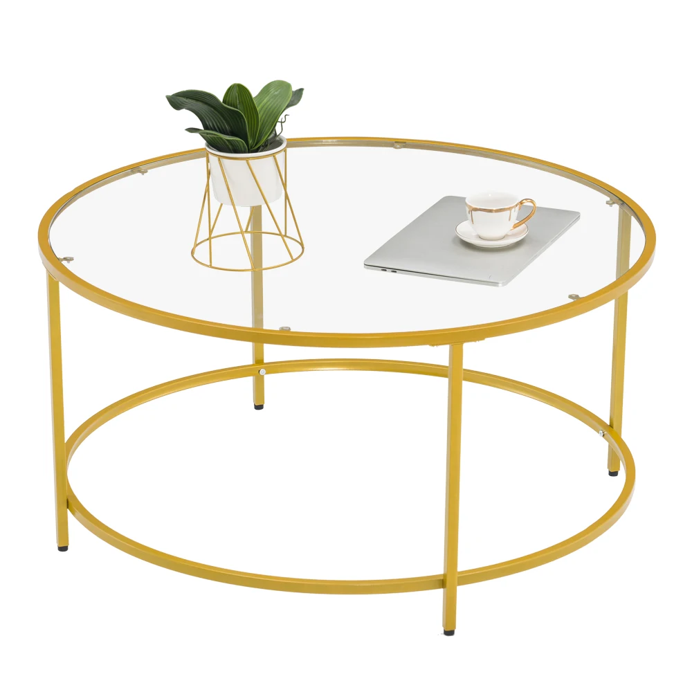 Two Styles [90 x 90 x 45]cm Simple Single-Layer Round Frame Glass Surface Coffee Table Side Table End Table 90 Round Gold