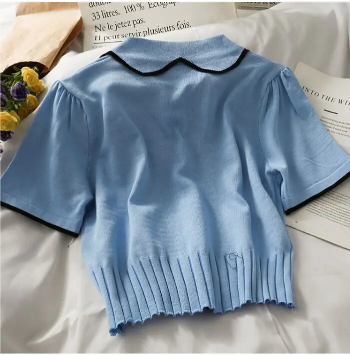 2021 Summer Women Knitted Short Sleeve Patchwork Polo Collar Cropped T-shirts Girls Large Elastic Slim Tshirt Tees Crop Tops