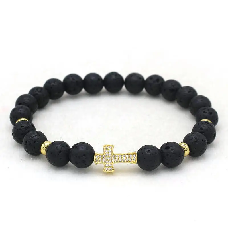 Pave Setting Zircon Cross Charm Bracelet Natural Volcanic Lava Stone Elastic Rope Beaded Bracelets for Women Men Couple Jewelry