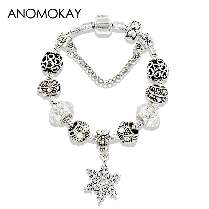 Anomokay Silver Color Snowflake Charm Bracelets & Bangles European Friendship Crystal Bead Bracelets Pulseira Feminina