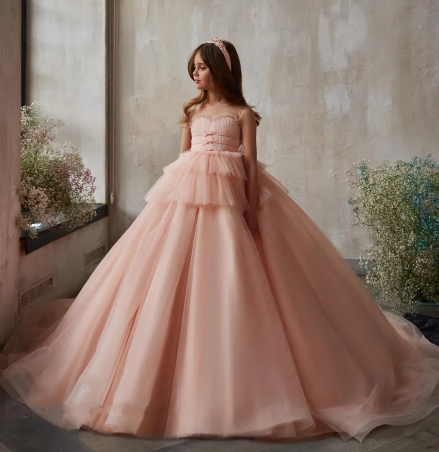 

Luxury Flower Girl Dresses Sheer Neck Princess Wedding Party Gown Girl's Pageant Dresses Children Costumes Kid Size 1-14T