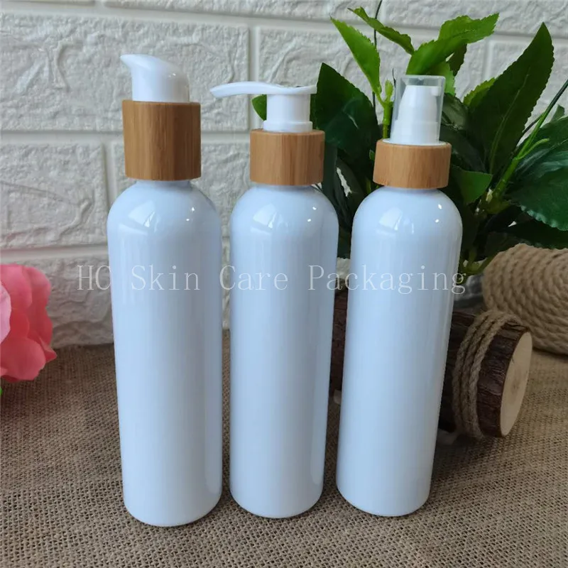 

Wholesale 250ml white/clear/amber/frosted plastic bottles with bamboo wood lid plastic toner water spray /lotion/pump cap bottle