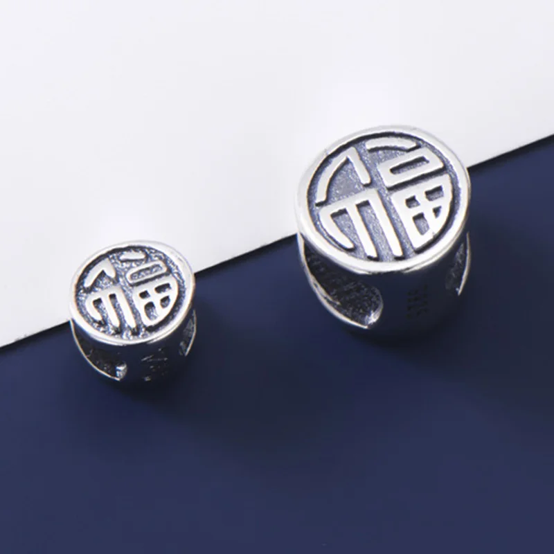 1pcs 925 Sterling Silver Retro Craftwork Good Luck Big Hole Beads 6mm 8mm Chinese Style Blessing Silver Spacer Bead DIY Jewelry