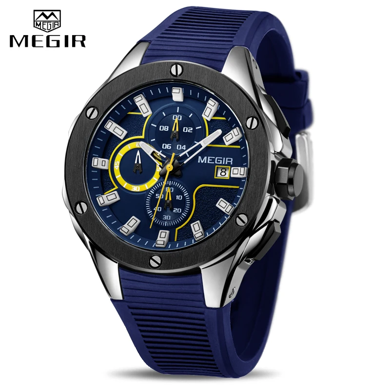 MEGIR 2053 Fashion Men Sport Watch with Chronograph Waterproof Silicone Quartz Military Men Watches Clock Male Relogio Masculino