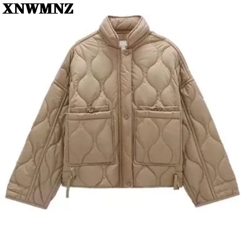 XNWMNZ 2021 autunno inverno donna moda Vintage Plaid Parka Jacket tasche Casual cappotto in cotone allentato corto Outwear top donna